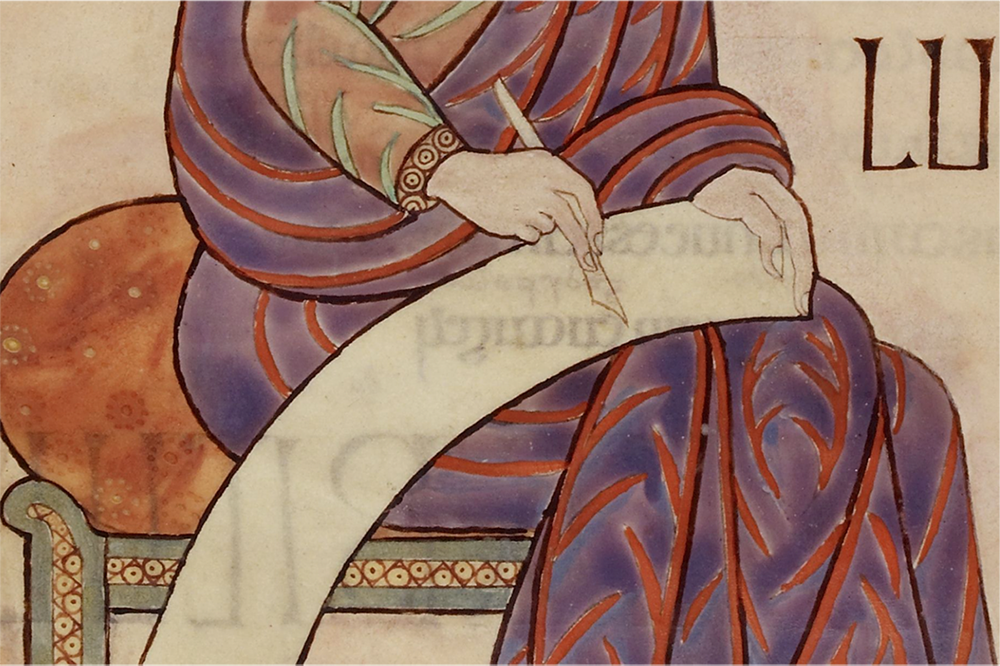 Detail of Luke the Evangelist, writing, in the Lindisfarne Gospels; England, c. 700 with tenth-century additions. London, BL, Cotton MS Nero D IV, fol. 137v.