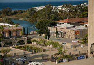 Aerial view of Storke Plaza, with Art, Design &amp; Architecture Museum at right (photo © Tony Mastres)