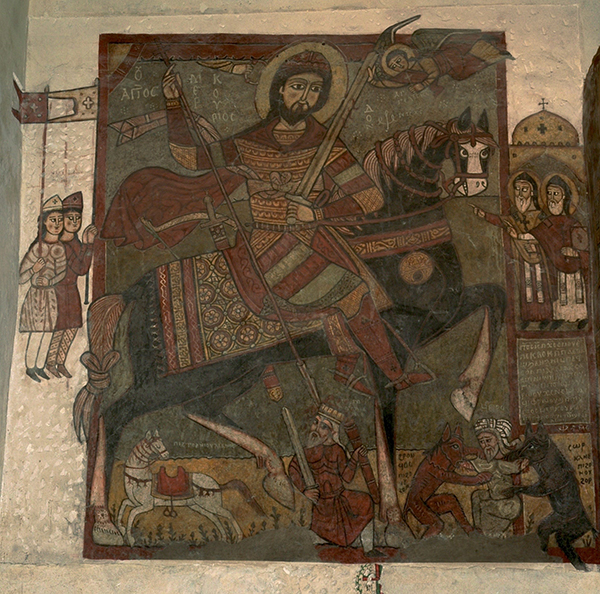St. Mecurios slaying Julian the Apostate, Monastery of St. Antony at the Red Sea, Egypt, main church wall painting, 13th century (image © Heather Badamo)