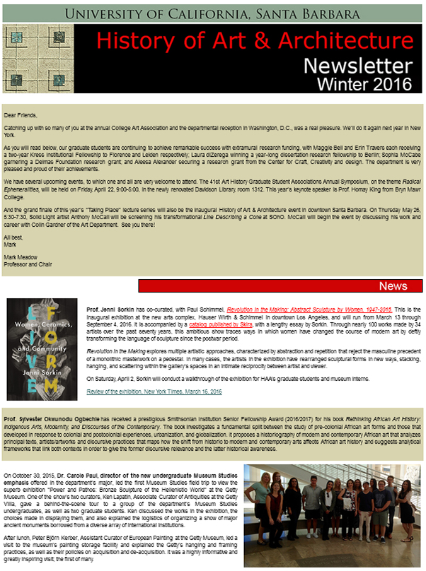 UCSB History of Art & Architecture Winter 2016 Newsletter